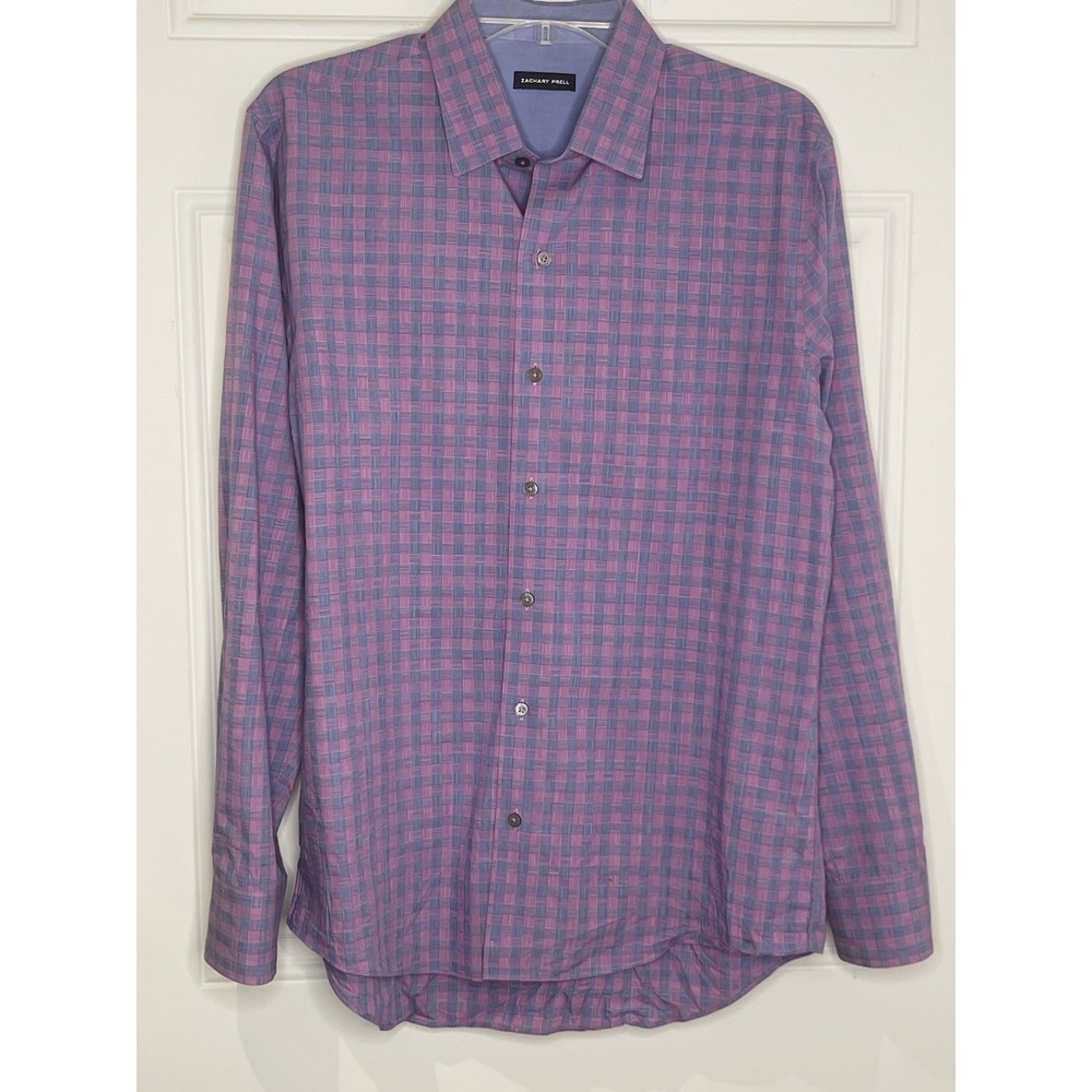 Zachary Prell Mens M Long Sleeve Button Up Shirt Blue Purple Plaid 100% Cotton